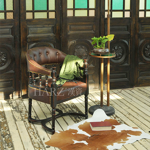 纯实木牛皮 漫咖啡餐椅老上海古典沙发椅子单人黑色皮椅茶椅