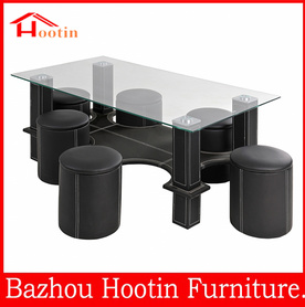 fashion design modern leather cover glass coffee table , with stools几