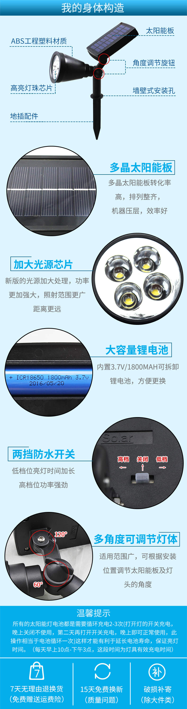 户外太阳能LED庭院射灯花园高亮度泛光灯投射树灯草坪地插灯