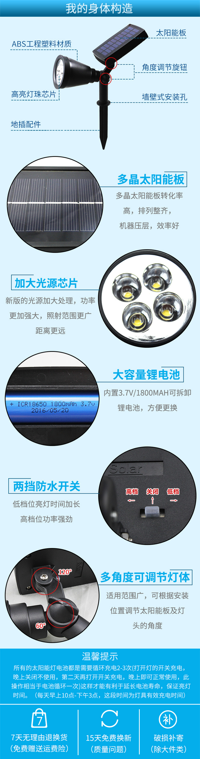 户外太阳能LED庭院射灯花园高亮度泛光灯投射树灯草坪地插灯