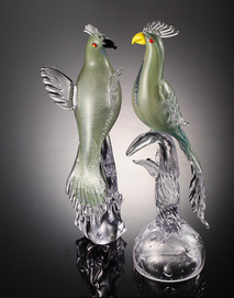 Crystal glass crafts two green birds