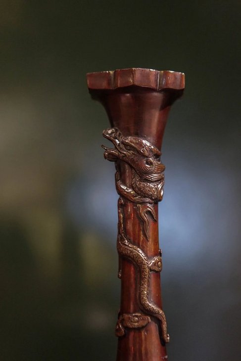 上世纪日本青铜花鸟祥龙浮雕长颈花瓶