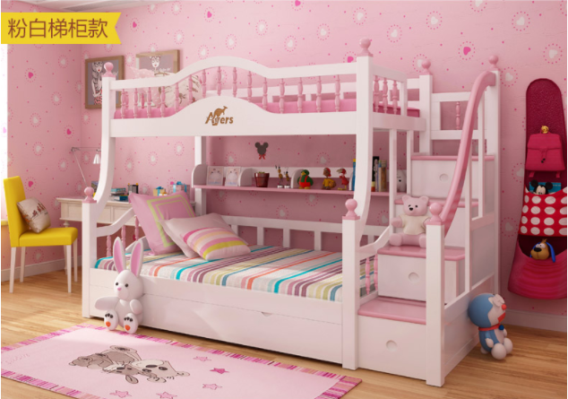 儿童高低床实木上下床双层床公主成人双人多功能木床铺粉色子母床