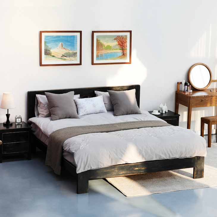 新中式做旧全实木床1.5米1.8简约榆木双人婚床经济型家具工厂直销