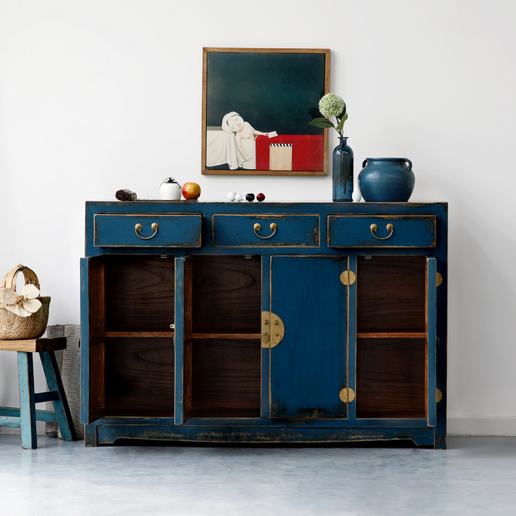 古朴年代  现代中式  蓝色三屉四门餐边柜