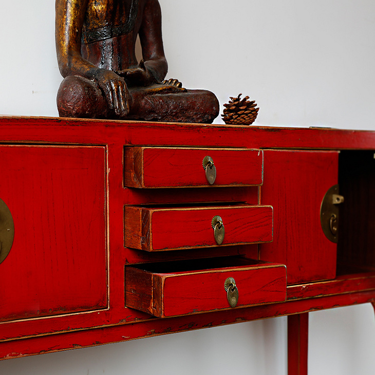 新中式现代老榆木玄关桌小姐桌实木门厅柜子彩漆复古做旧供桌家具