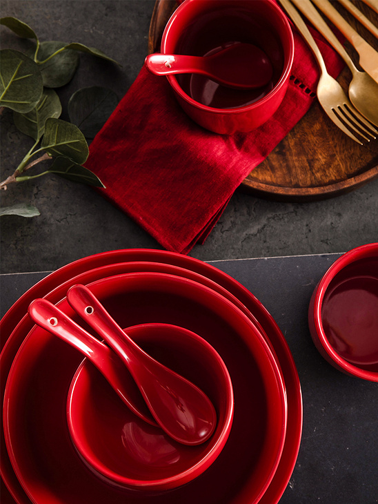 朵颐北欧风餐具套装 卡门-红色碗盘碟勺四人食套装 陶瓷餐具套装