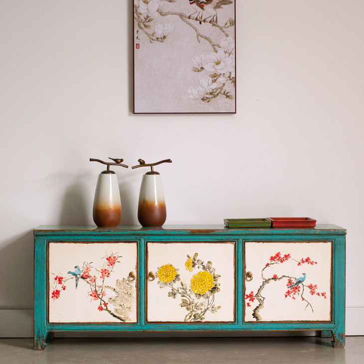 新中式古朴彩漆做旧家具简约茶几电视柜手绘田园风格实木地柜dsg