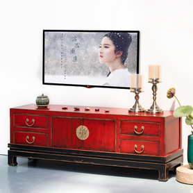 古朴彩漆现代新中式复古做旧双开门储物实木电视柜1.6客厅电视柜