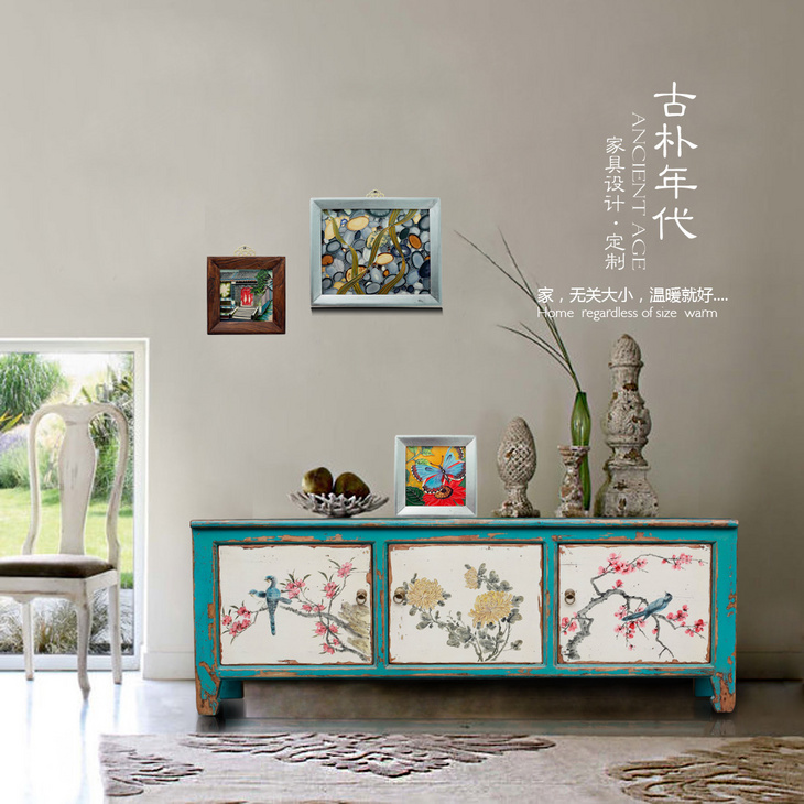 新中式古朴彩漆做旧家具简约茶几电视柜手绘田园风格实木地柜dsg