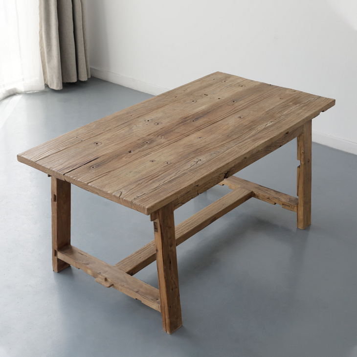 北欧家具旧门板老榆木餐桌 全实木原木简约6人座长方形茶桌子定制
