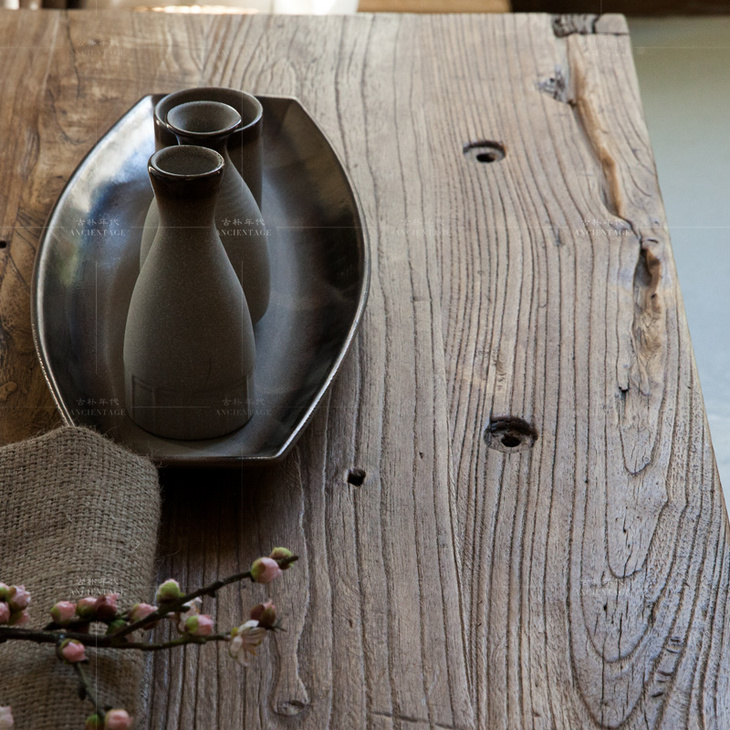 古朴年代简易老榆木茶几实木茶桌简约现代北欧原木loft老门板家具