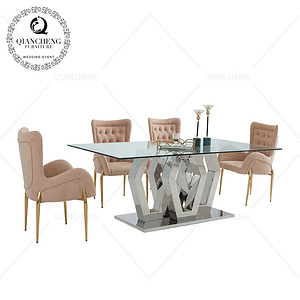 New model design glass top with stainless steel legs dining table 餐桌椅