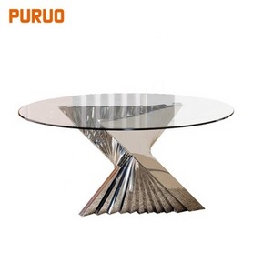 New design stainless steel base round glass dining table with dining room