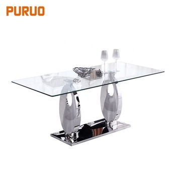 Modern living room stainless steel designs glass dining table set 6 chairs桌子