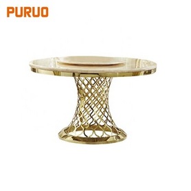 Stainless steel metal base dinner round rotating centre marble top dinning room set designs dining table餐桌