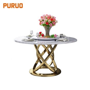 Luxury stainless steel table frame metal base round marble table tops dining table with rotating centre