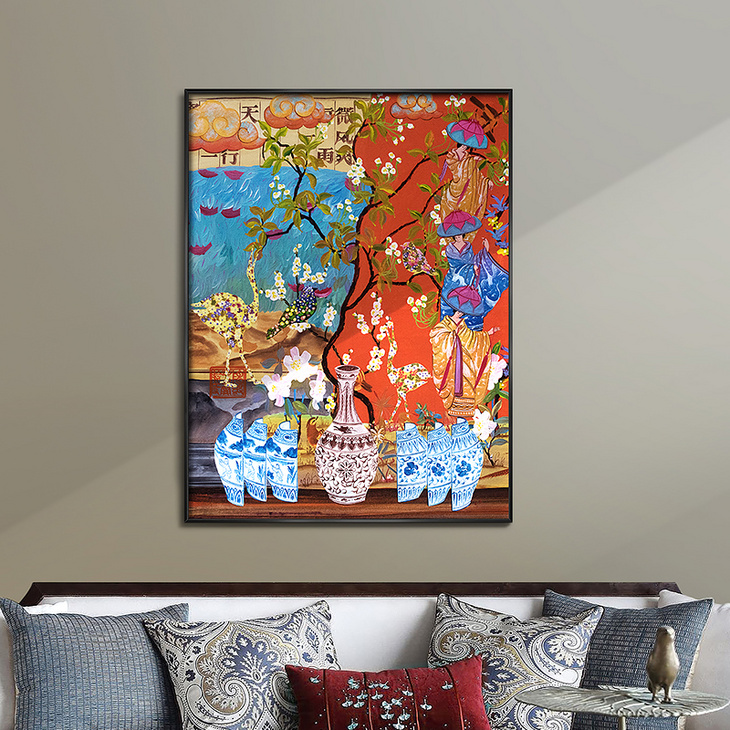现代玄关装饰画竖版中式古风挂画客厅背景墙画日式大幅中国风壁画