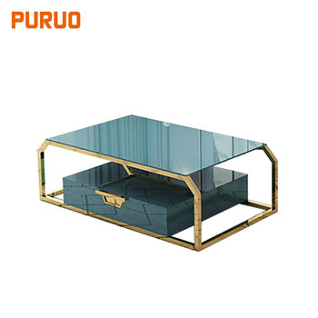 Modern stainless steel base tempered glass top home goods coffee table with with MDF wooden cabinet茶几