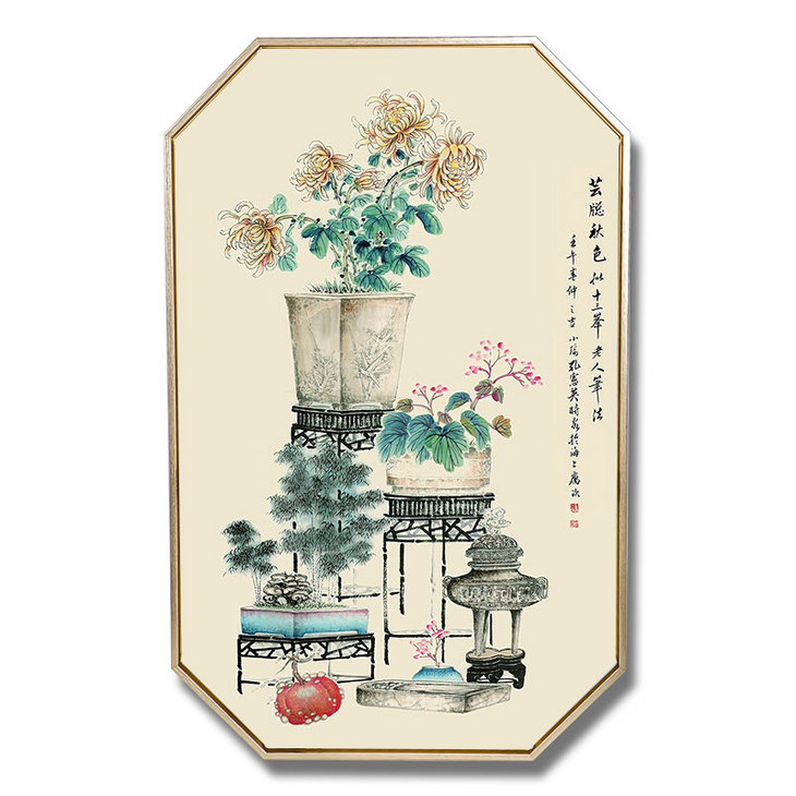 新中式中国风客厅装饰画玄关挂画茶室墙画八边形禅意壁画