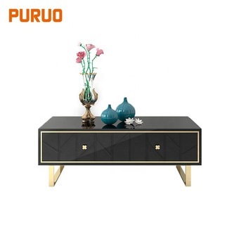 Black white square gold metal frame black center glass coffee table designs茶几