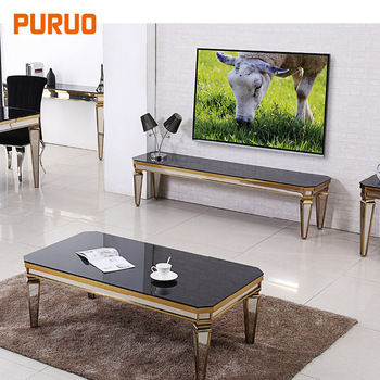 Black modern style living room furniture tempered glass top stainless steel leg coffee table茶几