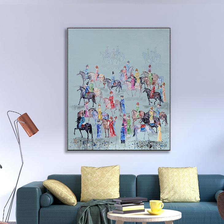 原创纯手绘新中式游春图奢雅客厅沙发背景墙玄关挂画定制装饰油画