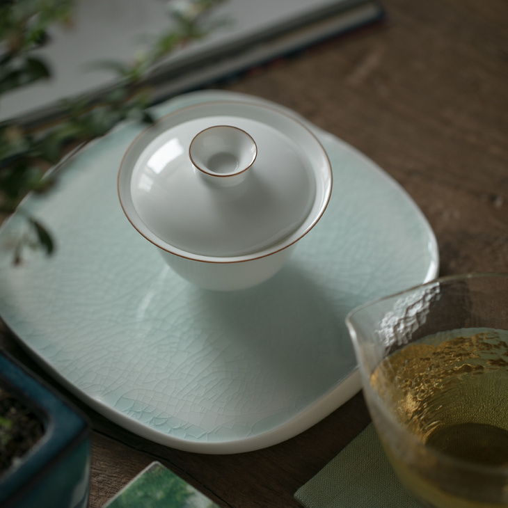 湖影春水 湖田影青干泡台壶承茶点果盘 冰裂纹开片