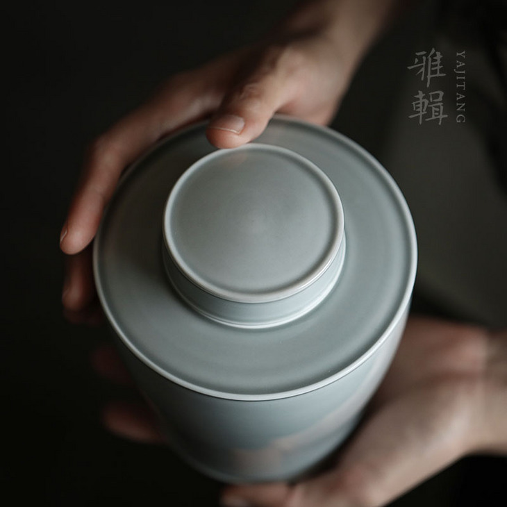 浅藏 雾灰茶叶罐陶瓷软木双盖密封茶罐收纳罐