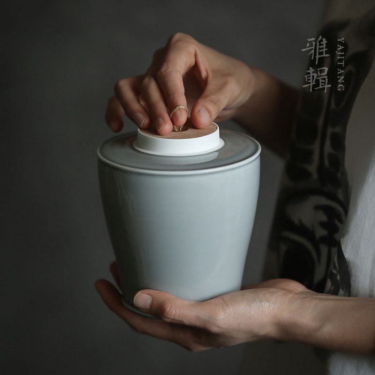 浅藏 雾灰茶叶罐陶瓷软木双盖密封茶罐收纳罐
