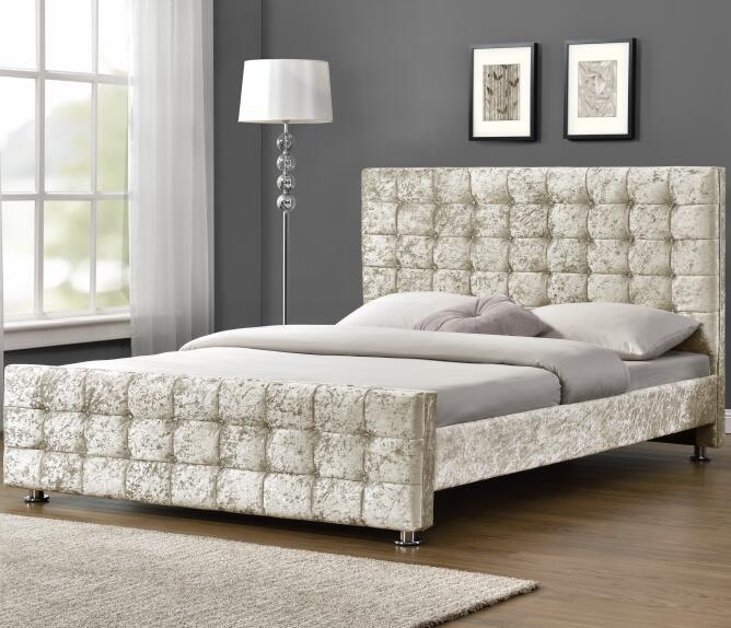 1150 classical luxury velvet fabric upholstered bed frame with square&button design headboard床