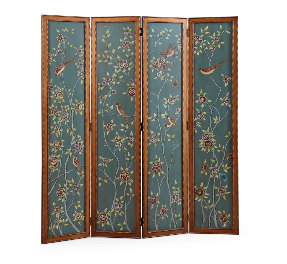 木 绿金边彩绘四片屏风hy-16069