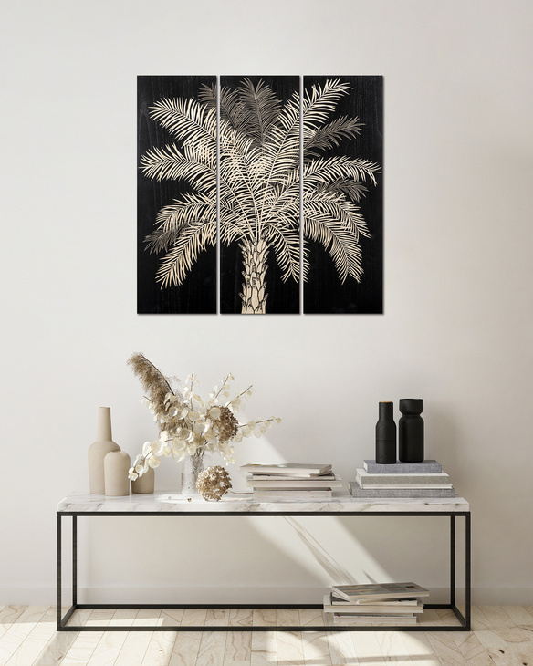 艺术家纯手工雕刻黑色棕榈树手工制品三拼版画客厅装饰画挂画WP18136-B-1