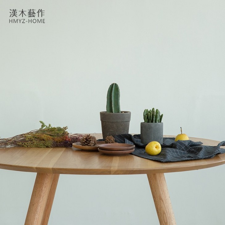 汉木艺作现代简约时尚设计师多功能日式实木圆桌餐桌茶桌餐厅家具