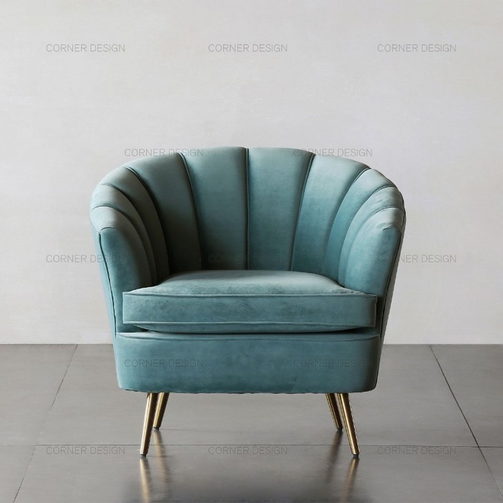 CORNER家居单人沙发椅子丝绒布不锈钢脚乡村法式沙发椅设计师北欧