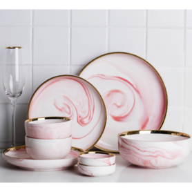 轻奢餐具-金边粉色大理石系列