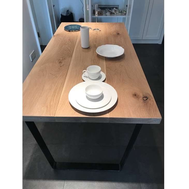 「立方木作」餐桌北美白橡纯实木三拼桌面+实心扁钢桌腿