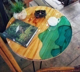 新中式 松木树脂 月亮湖水晶圆桌