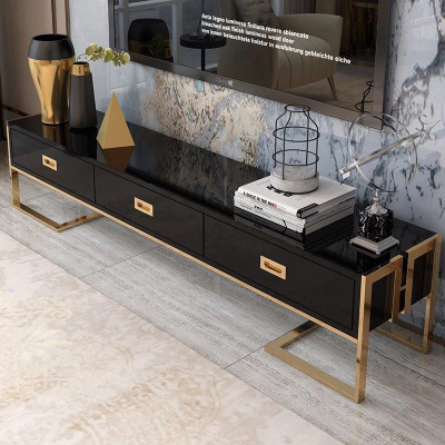 Postmodern light luxury TV cabinet stainless steel gold-plated black and white paint living room TV cabinet coffee table