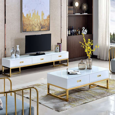 Modern light luxury solid wood paint TV cabinet floor cabinet living room stainless steel gold-plated audio-visual cabinet combination