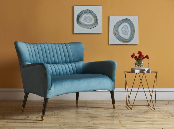 2269-2-L Settee Living Room Lounge Upholstered Solid Wood Blue Velvet Fabric Loveseat Sofa