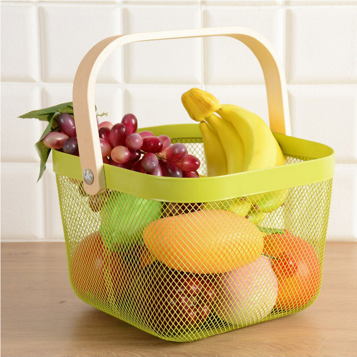 家居厨房浴室收纳篮铁艺手提置物篮木把手水果蔬菜篮子F10015