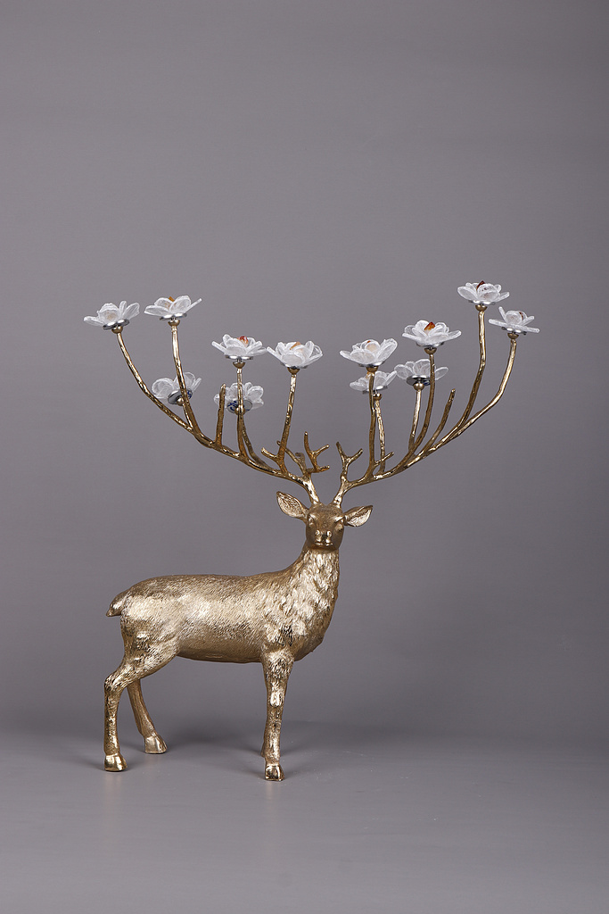 鹿-透明白石膏 黄晶柱 大号b0075