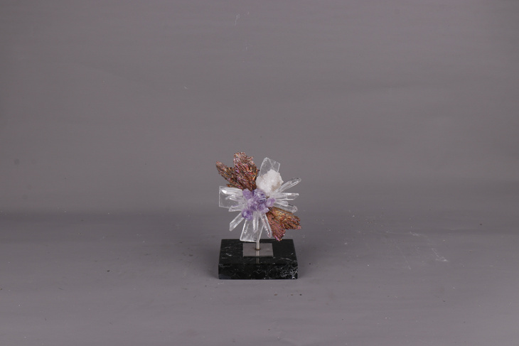 大理石底+花-紫碧玺+方解石+白水晶柱+紫晶花+空心玛瑙B0609