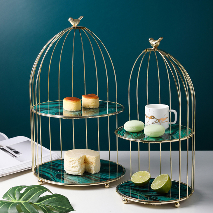 鸟笼形状收纳置物架托盘双层钢化玻璃蛋糕甜点展示架