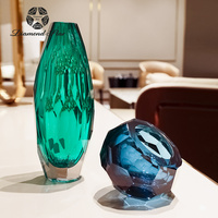 钻石切面创意艺术蓝绿色干花花瓶桌面摆件 酒店样板房餐桌装饰品