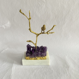 摆件-树鸟-大理石底+紫晶簇包金边B20201172