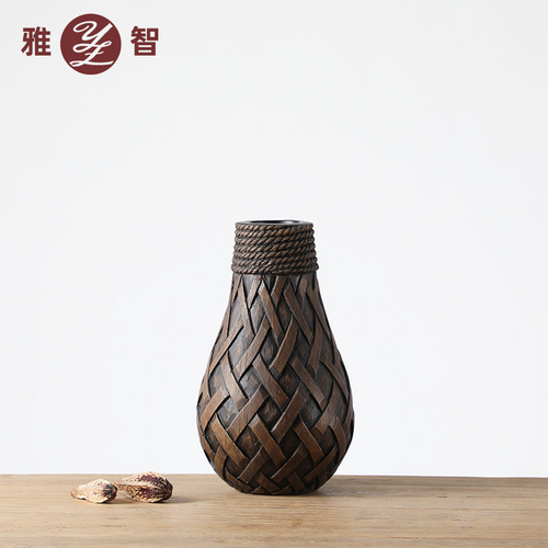 樹(shù)脂廠(chǎng)家直銷(xiāo)家居工藝品手工竹籬編排花瓶插花擺件
