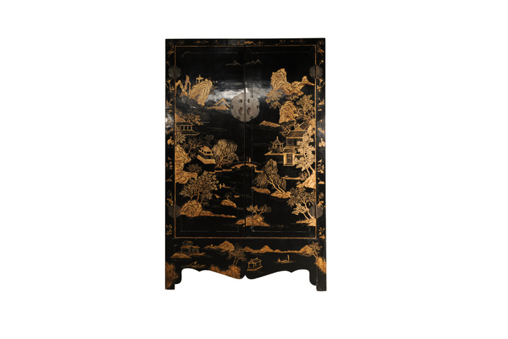 LI-S17-12-152 中式 复古 黑漆  双开门 手绘 描金 衣柜
