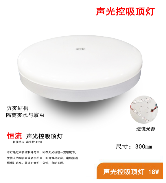 恒流防雾18w智能感应声光控吸顶灯